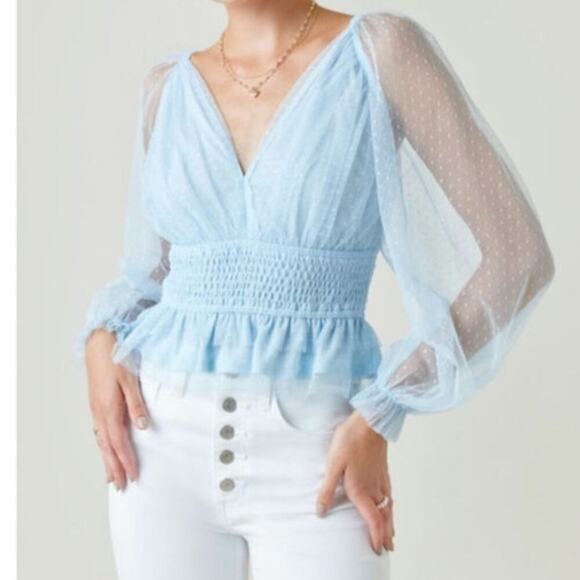 audrey parks Tops - Audrey Parks Soft Blue Tulle Blouse Sheer Long Sleeve Crop V-Neck Size Large